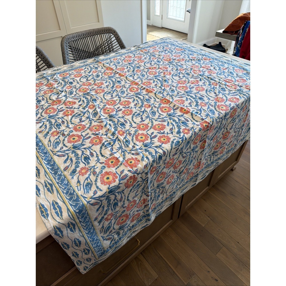 Petal Pushing Hand Printed Table Cloth Cotton 57" Square Floral Country Blue